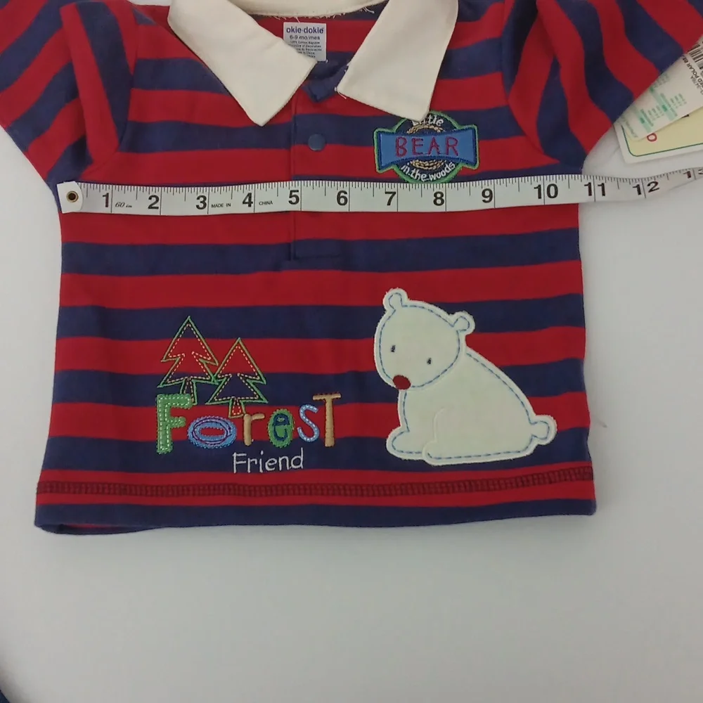 Okie Dokie Striped Red & Blue Boy Baby Outfit Size 6-9 Months Bear Patch 2 Piece - Picture 12 of 12